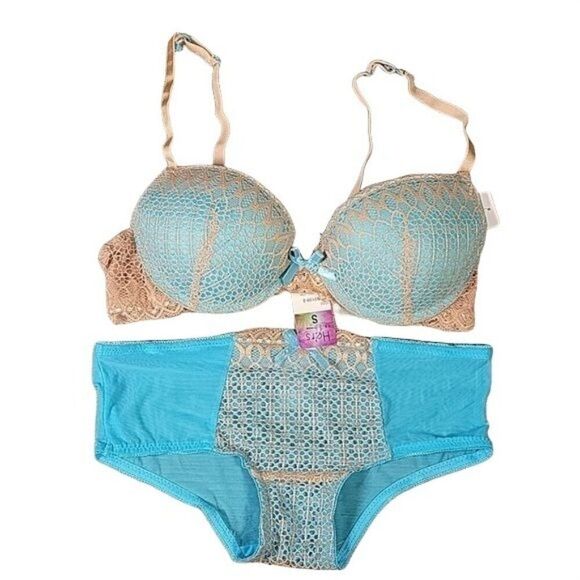 Hers by Herman Blue Lace Bra & Panty Set Sz 32B - Picture 1 of 9